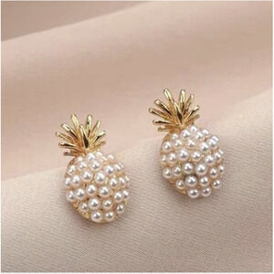 Pineapple Earrings Gold Stud Pearl Post Earrings Minimalist Jewelry